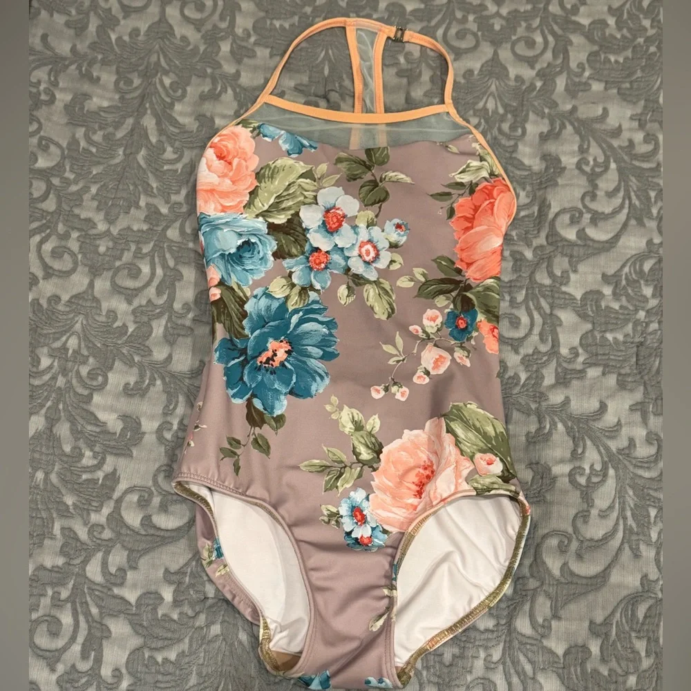 ELEVE S Floral Women's dance ballet leotard bodysuit sleeveles sheer halter - Picture 1 of 10